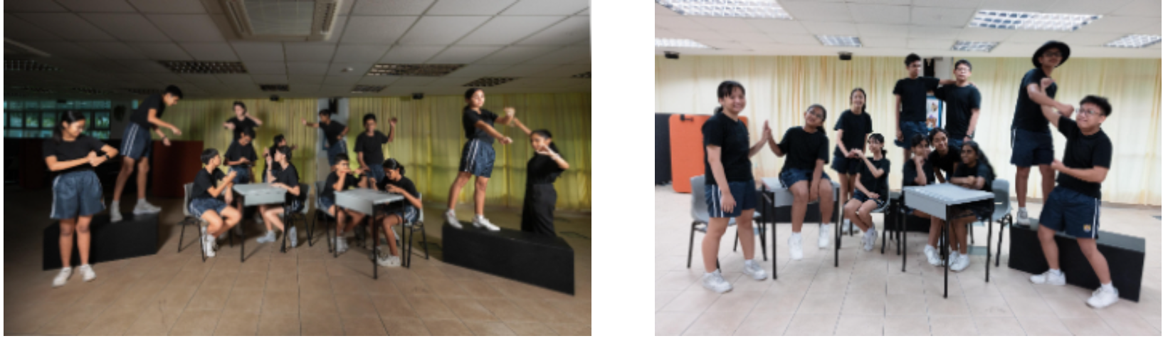 Two side-by-side photos of a group of students in black outfits posing dynamically around chairs and platforms indoors.